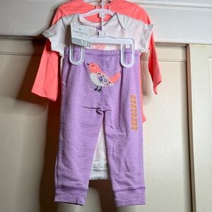 Carter's Coral Long-Sleeve Top with Lavender Striped Pants (3-piece) NWT